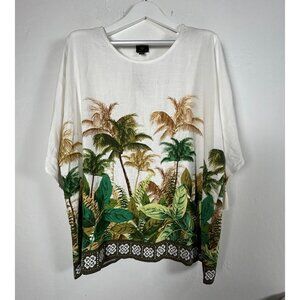 JM Collection Womens Tropic Retreat Palm Print Linen Blend Blouse Top XXL New